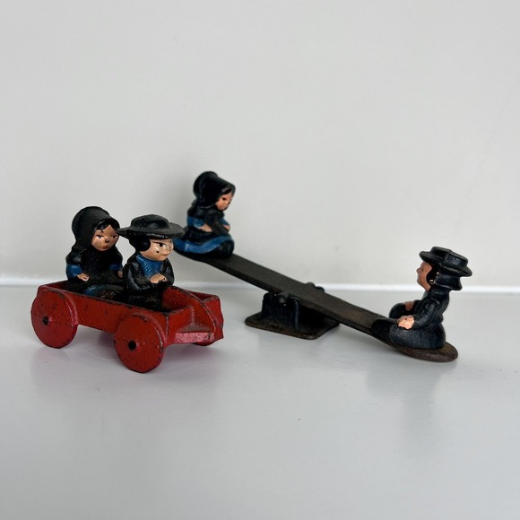 Vintage‎ Wilton Cast Iron Miniatures Toy Set 4 Amish Boy Girl Red Wagon Seesaw - Picture 1 of 10